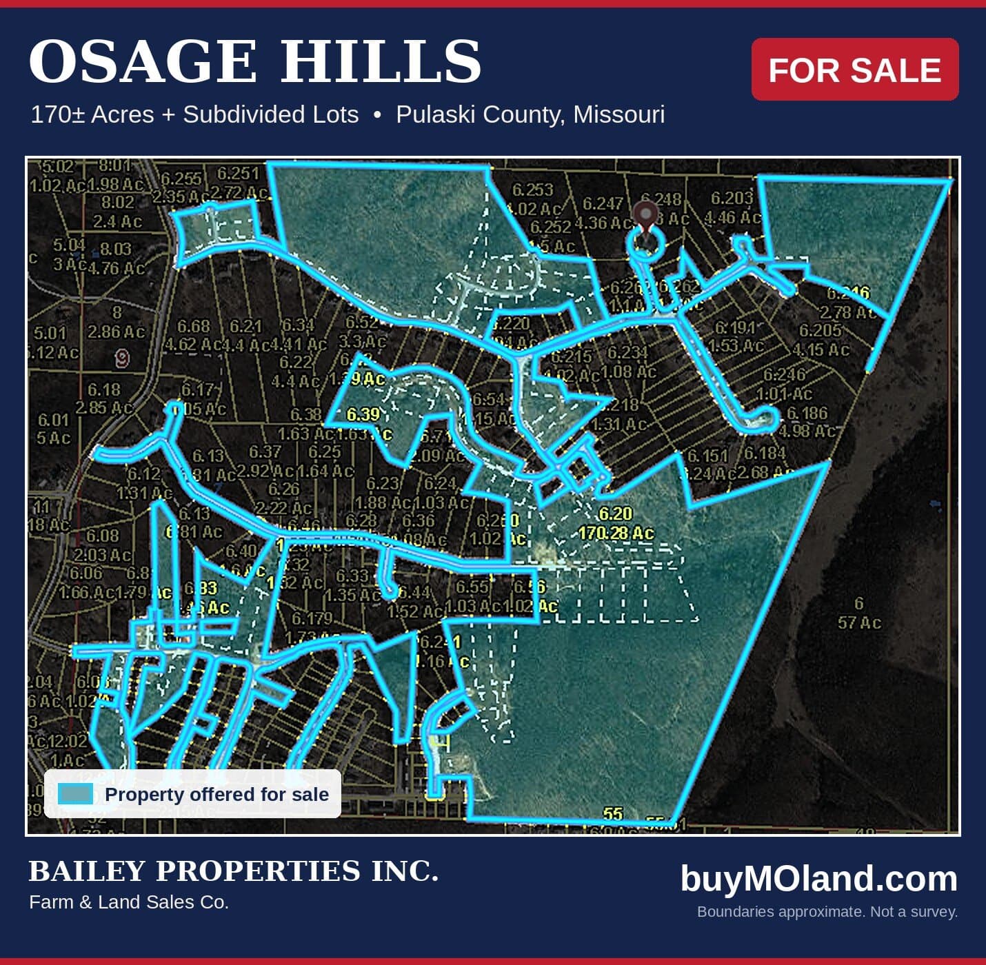 Osage Hills parcel map showing the 170± acres and subdivided lots offered for sale in Pulaski County, Missouri